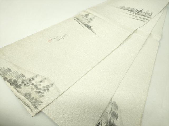 平和屋着物▼綴れ 六通柄袋帯 作家物 手描き 日本風景 銀糸 正絹 逸品 未使用 DABI6051ps