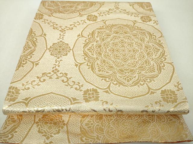 平和屋着物▼佐賀錦 両面 全通柄袋帯 亀甲正倉院花文 金糸 正絹 逸品 DABI6053ps