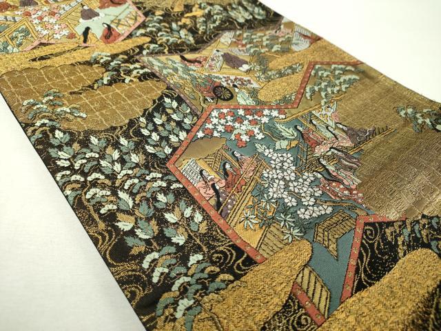 平和屋着物▼六通柄袋帯 洛中洛外屏風 黒地 金糸 正絹 逸品 DABI6057ps