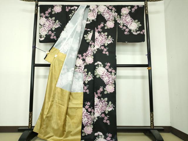 平和屋着物●小紋 舞桜 乱菊 黒地 洗える着物 DABI6119ps