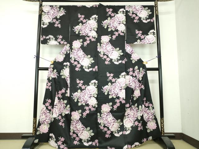 平和屋着物●小紋 舞桜 乱菊 黒地 洗える着物 DABI6119ps