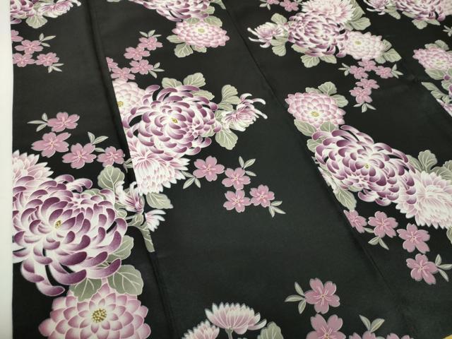 平和屋着物●小紋 舞桜 乱菊 黒地 洗える着物 DABI6119ps