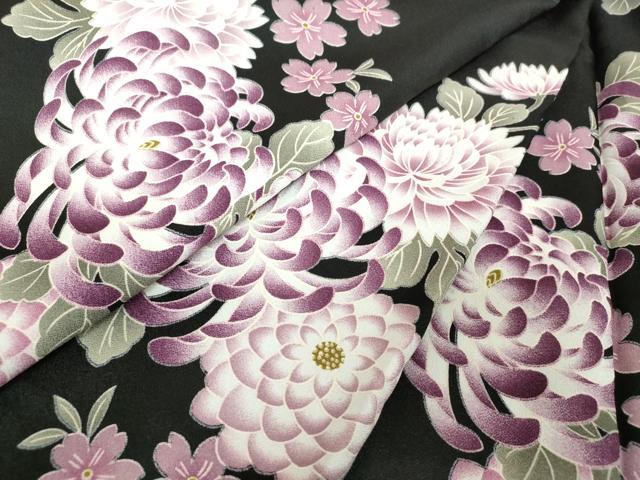 平和屋着物●小紋 舞桜 乱菊 黒地 洗える着物 DABI6119ps