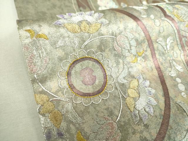 平和屋着物▼太鼓柄袋帯 駒刺繍 総刺繍 葡萄花唐草 金銀糸 引箔 正絹 逸品 DABI6150ps