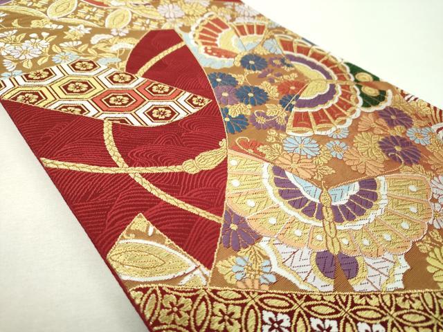 平和屋着物▼西陣 京洛苑たはら謹製 六通柄袋帯 唐織 舞蝶花絵巻 金糸 正絹 逸品 DABI6178ps