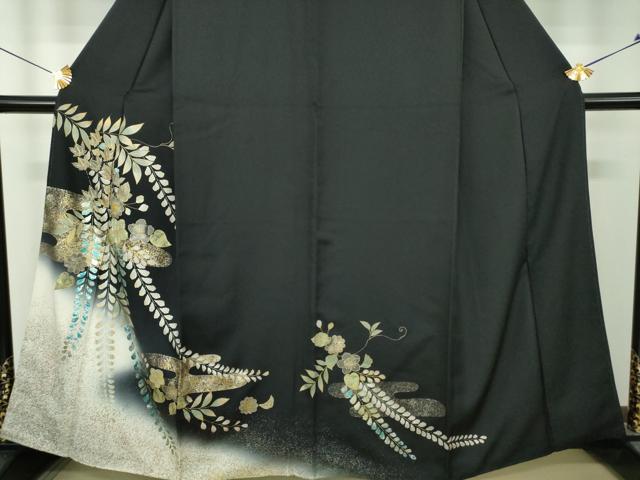 平和屋着物●訪問着 螺鈿 辻が花 暈し染め 黒地 金彩 正絹 逸品 DABI6247ps