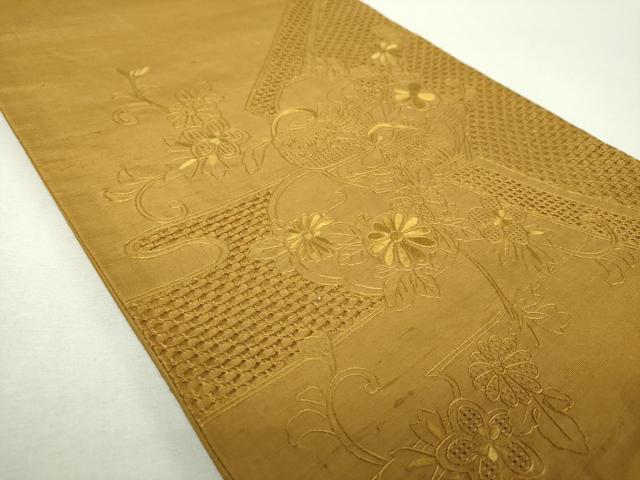 平和屋着物●中国三大刺繍 スワトウ相良刺繍 汕頭相良刺繍 総刺繍 太鼓柄袋帯 紬地 鴛鴦花文 桑茶色 正絹 逸品 DABI6297ps