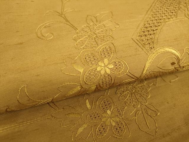 平和屋着物●中国三大刺繍 スワトウ相良刺繍 汕頭相良刺繍 総刺繍 太鼓柄袋帯 紬地 鴛鴦花文 桑茶色 正絹 逸品 DABI6297ps