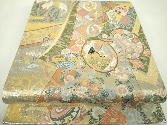平和屋着物▼全通柄袋帯 誰が袖飛鶴楽器花文 金糸 正絹 逸品 DABI6313ps