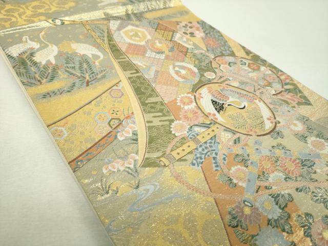 平和屋着物▼全通柄袋帯 誰が袖飛鶴楽器花文 金糸 正絹 逸品 DABI6313ps