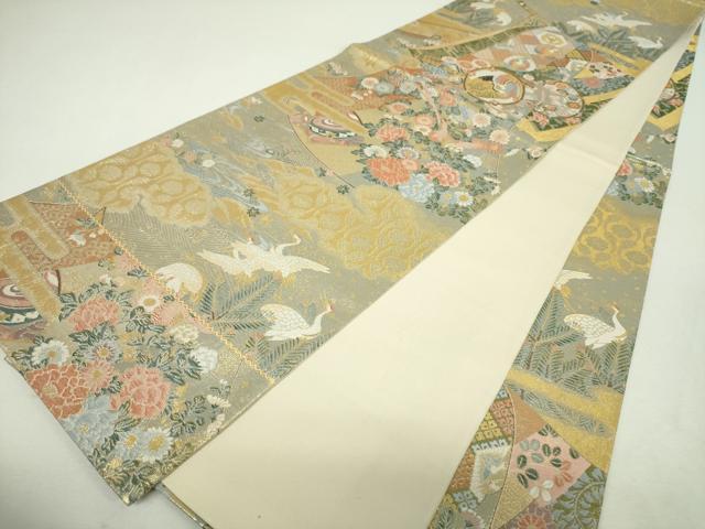 平和屋着物▼全通柄袋帯 誰が袖飛鶴楽器花文 金糸 正絹 逸品 DABI6313ps