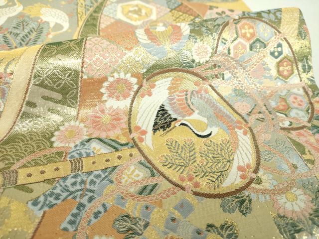 平和屋着物▼全通柄袋帯 誰が袖飛鶴楽器花文 金糸 正絹 逸品 DABI6313ps