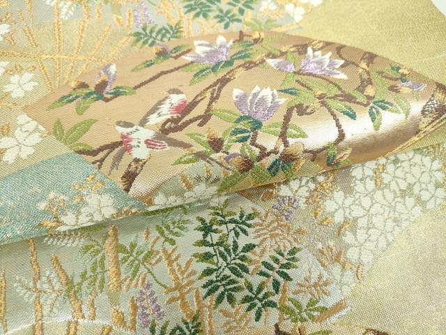 平和屋着物▼六通柄袋帯 唐織 扇面花鳥文 金銀糸 正絹 逸品 DABI6329ps