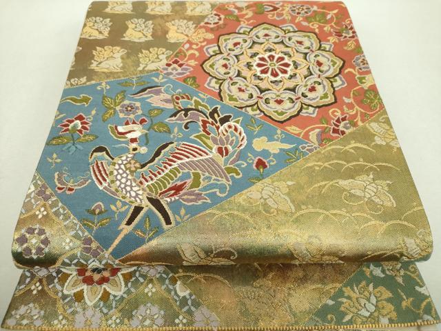 平和屋着物▼六通柄袋帯 唐織 名品錦 正倉院鳳凰花文 金糸 引箔 正絹 逸品 DABI6348ps