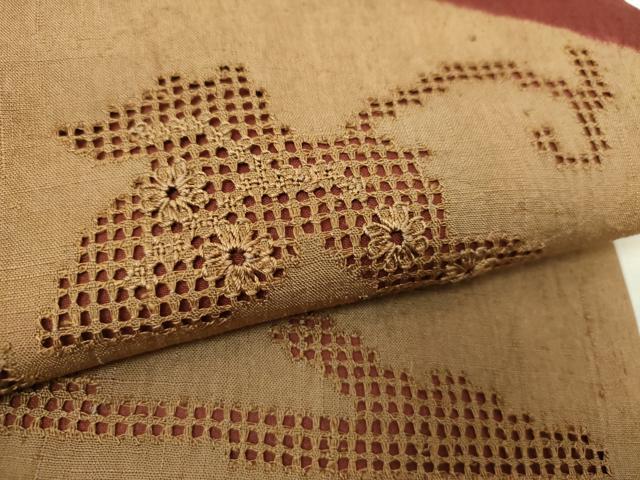 平和屋着物●つけ帯 紬地 総刺繍 蔦の葉花文 正絹 逸品 DABI6355ps