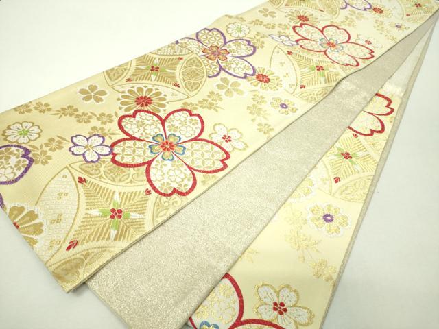 平和屋着物▼六通柄袋帯 七宝舞桜 金糸 正絹 逸品 DABI6360ps