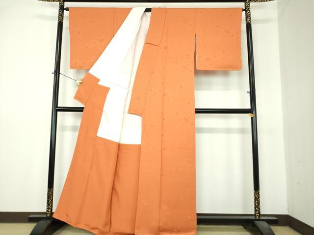 平和屋着物●上質な色無地 扇面地紋 橙色 正絹 逸品 未使用 DABI6418ps