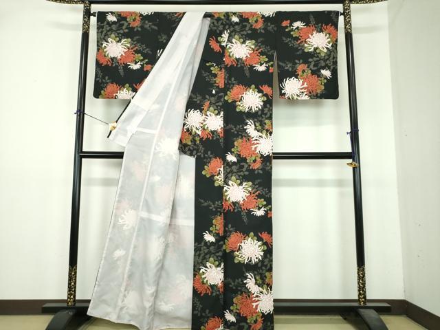 平和屋着物●小紋 乱菊 黒地 洗える着物 DABI6439ps