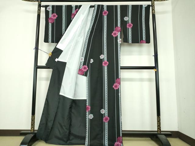 平和屋着物●小紋 薔薇 黒地 洗える着物 DABI6440ps
