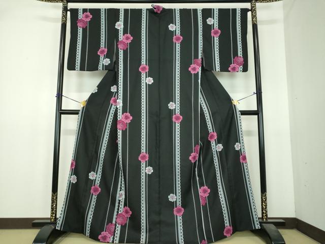 平和屋着物●小紋 薔薇 黒地 洗える着物 DABI6440ps