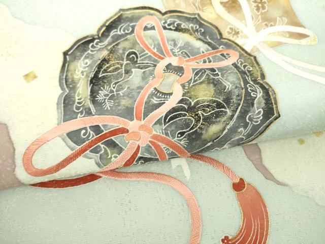 平和屋着物▼太鼓柄袋帯 作家物 刺繍 鏡裏花文 金彩 金通し地 正絹 逸品 DABI6444ps