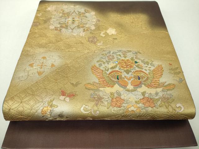 平和屋着物▼太鼓柄袋帯 螺鈿 駒刺繍 正倉院鴛鴦花文 金銀彩 正絹 逸品 DABI6448ps