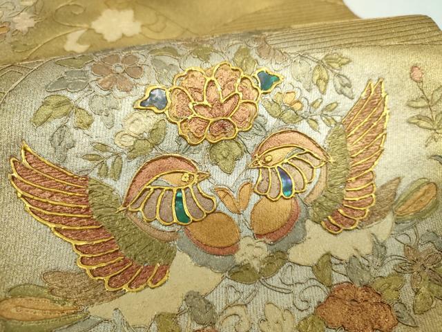 平和屋着物▼太鼓柄袋帯 螺鈿 駒刺繍 正倉院鴛鴦花文 金銀彩 正絹 逸品 DABI6448ps