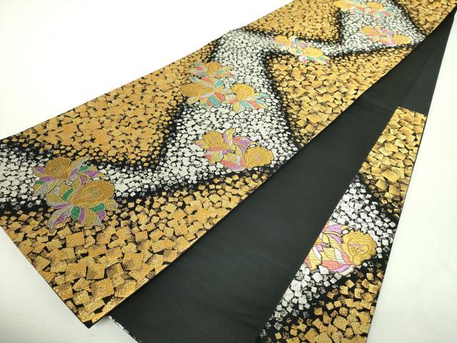 平和屋着物▼六通柄袋帯 舞花文 黒地 金銀糸 正絹 逸品 DABI6483ps