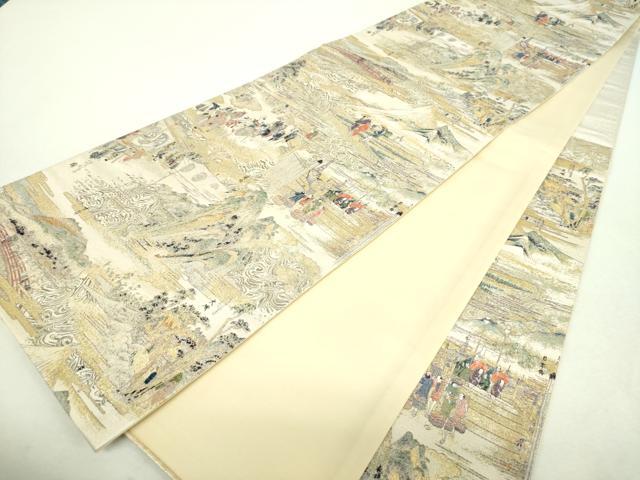 平和屋着物▼六通柄袋帯 壱阡八百口織 東海道五拾三次 金糸 正絹 逸品 未使用 DABI6490ps