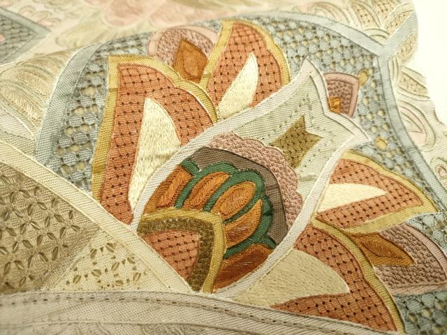 平和屋着物●中国三大刺繍 スワトウ相良刺繍 汕頭相良刺繍 総刺繍 太鼓柄袋帯 紬地 絽刺し 更紗鳳凰花文 正絹 逸品 DABI6492ps