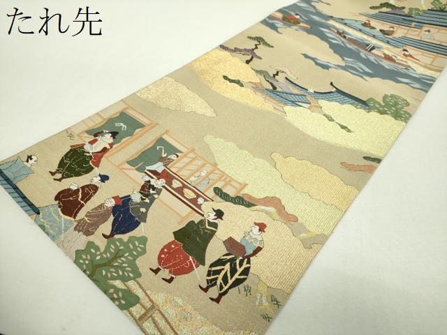 平和屋着物●明綴れ 六通柄袋帯 南蛮船 南蛮人 金糸 正絹 逸品 DABI6500ps