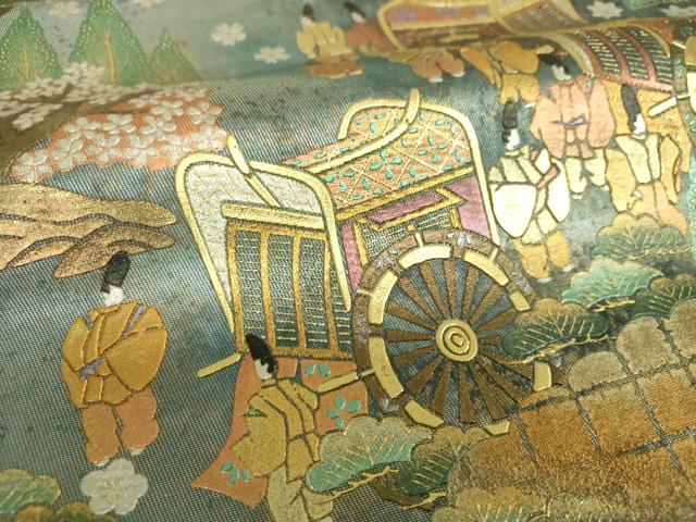 平和屋着物▼西陣 長野工芸謹製 六通柄袋帯 龍道作 雲取り御所車人物花文 金銀彩 引箔 証紙付き 正絹 逸品 DABI6505ps