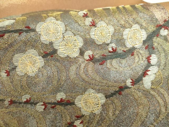 平和屋着物▼中国三大刺繍 相良刺繍 太鼓柄袋帯 流水枝梅 金糸 引箔 正絹 逸品 DABI6506ps