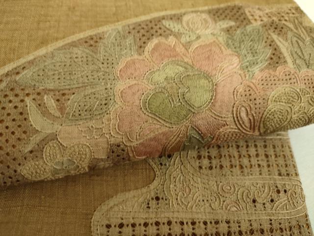平和屋着物●中国三大刺繍 スワトウ相良刺繍 汕頭相良刺繍 総刺繍 太鼓柄袋帯 紬地 地紙花文 正絹 逸品 DABI6507ps