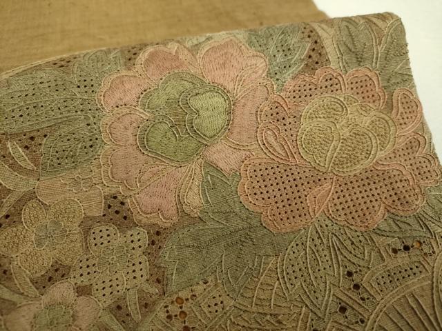 平和屋着物●中国三大刺繍 スワトウ相良刺繍 汕頭相良刺繍 総刺繍 太鼓柄袋帯 紬地 地紙花文 正絹 逸品 DABI6507ps