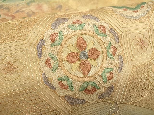平和屋着物▼中国三大刺繍 スワトウ刺繍 汕頭刺繍 総刺繍 太鼓柄袋帯 駒刺繍 道長蜀江花文 金彩 正絹 逸品 未使用 DABI6544ps