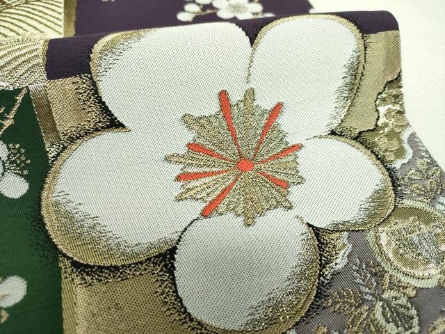 平和屋着物▼六通柄袋帯 市松舞梅 金糸 正絹 逸品 DABI6549ps