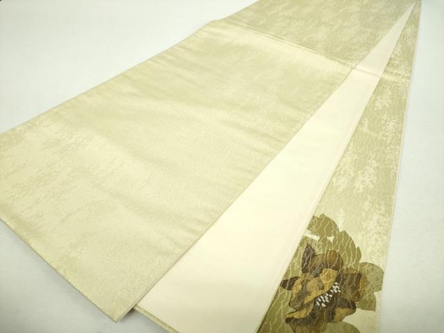平和屋着物▼太鼓柄袋帯 草花文 シルエット 金彩 銀通し地 正絹 逸品 DABI6555ps