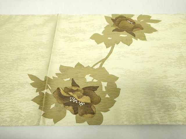 平和屋着物▼太鼓柄袋帯 草花文 シルエット 金彩 銀通し地 正絹 逸品 DABI6555ps