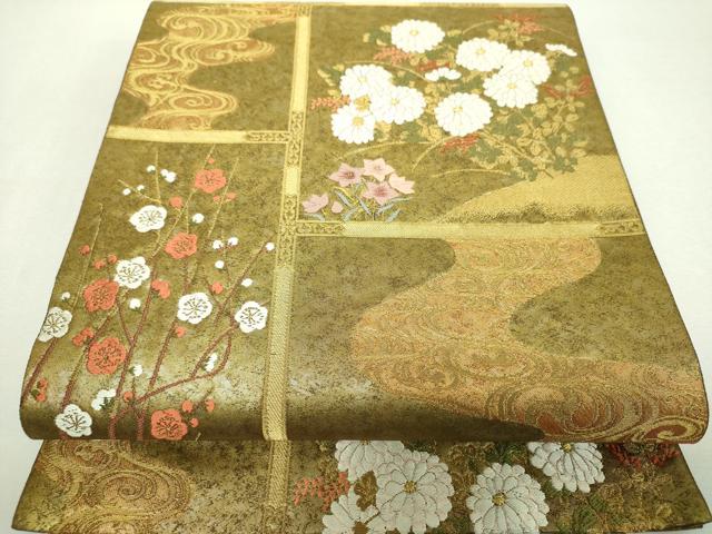 平和屋着物▼六通柄袋帯 唐織 飛鶴花文 紅白梅 金糸 引箔 正絹 逸品 DABI6571ps