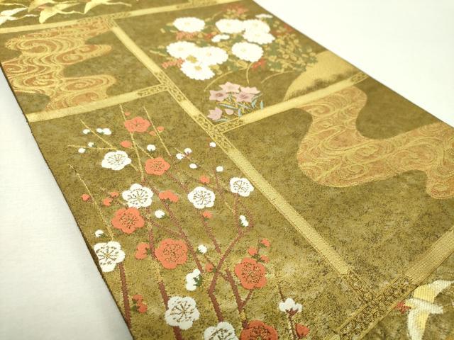 平和屋着物▼六通柄袋帯 唐織 飛鶴花文 紅白梅 金糸 引箔 正絹 逸品 DABI6571ps