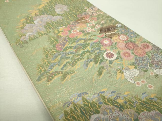 平和屋着物▼六通柄袋帯 風景花鳥文 金糸 正絹 逸品 DABI6577ps