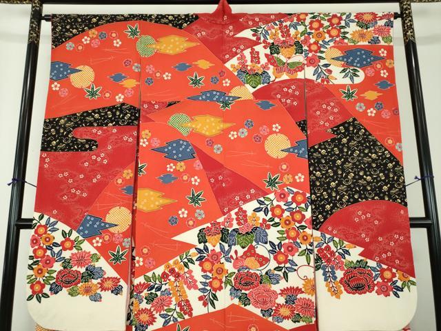 平和屋着物●和染紅型 栗山紅型 栗山吉三郎 振袖 舞蝶花文 正絹 逸品 DABI6597ps