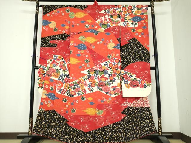 平和屋着物●和染紅型 栗山紅型 栗山吉三郎 振袖 舞蝶花文 正絹 逸品 DABI6597ps