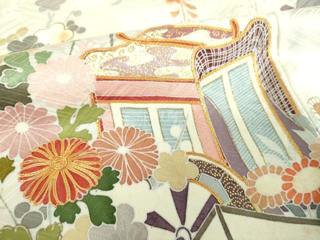 平和屋着物●豪華振袖 駒刺繍 御所車風景花文 金彩 正絹 逸品 DABI6606ps