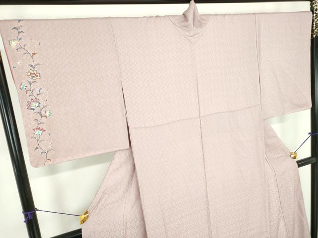平和屋着物●上質な色無地 ワンポイント 市松地紋 更紗花文 灰桜色 正絹 逸品 未使用 DABI6647ps
