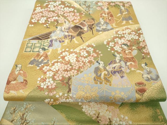 平和屋着物▼六通柄袋帯 唐織 お花見 人物風景文 金糸 正絹 逸品 DABI6675ps