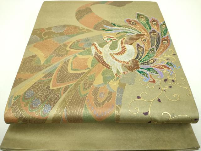 平和屋着物▼太鼓柄袋帯 漆金彩 孔雀花文 引箔 正絹 逸品 DABI6712ps