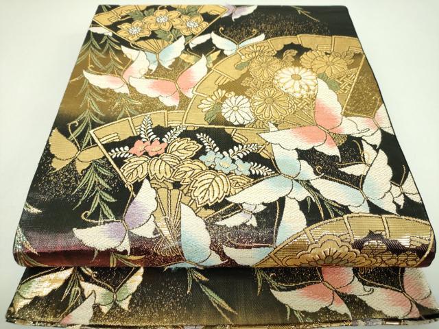 平和屋着物▼六通柄袋帯 檜扇舞蝶花文 金糸 正絹 逸品 DABI6731ps