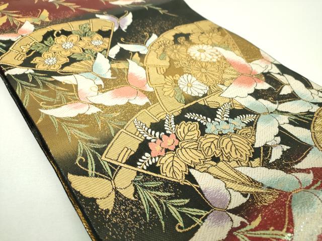 平和屋着物▼六通柄袋帯 檜扇舞蝶花文 金糸 正絹 逸品 DABI6731ps